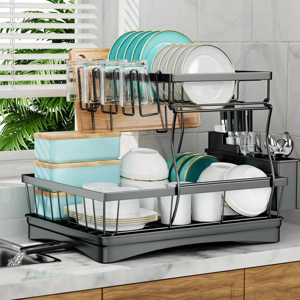 Two Tier Dish Drying Rack For Kitchen Countertops Removable High Capacity