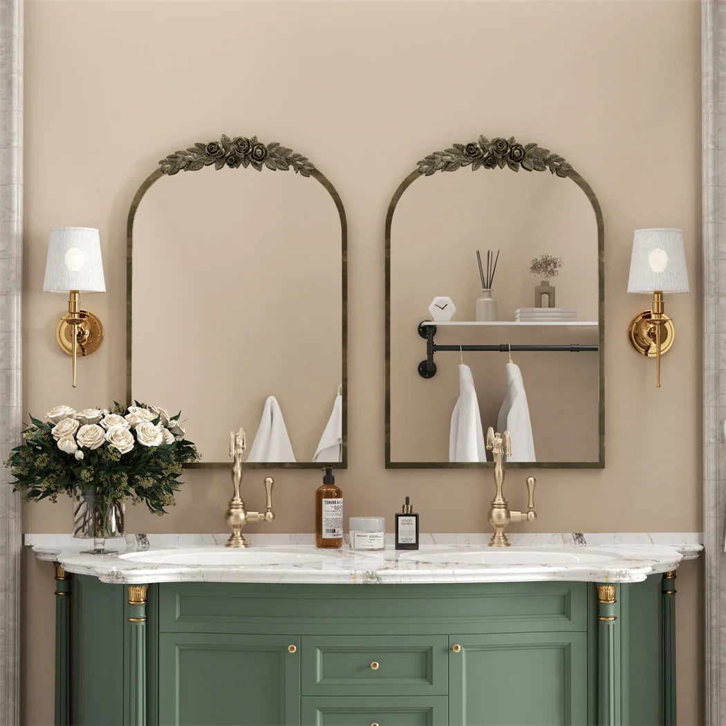 LUVODI Arched Wall Mirror Antique Metal Frame Resin Rose Pattern