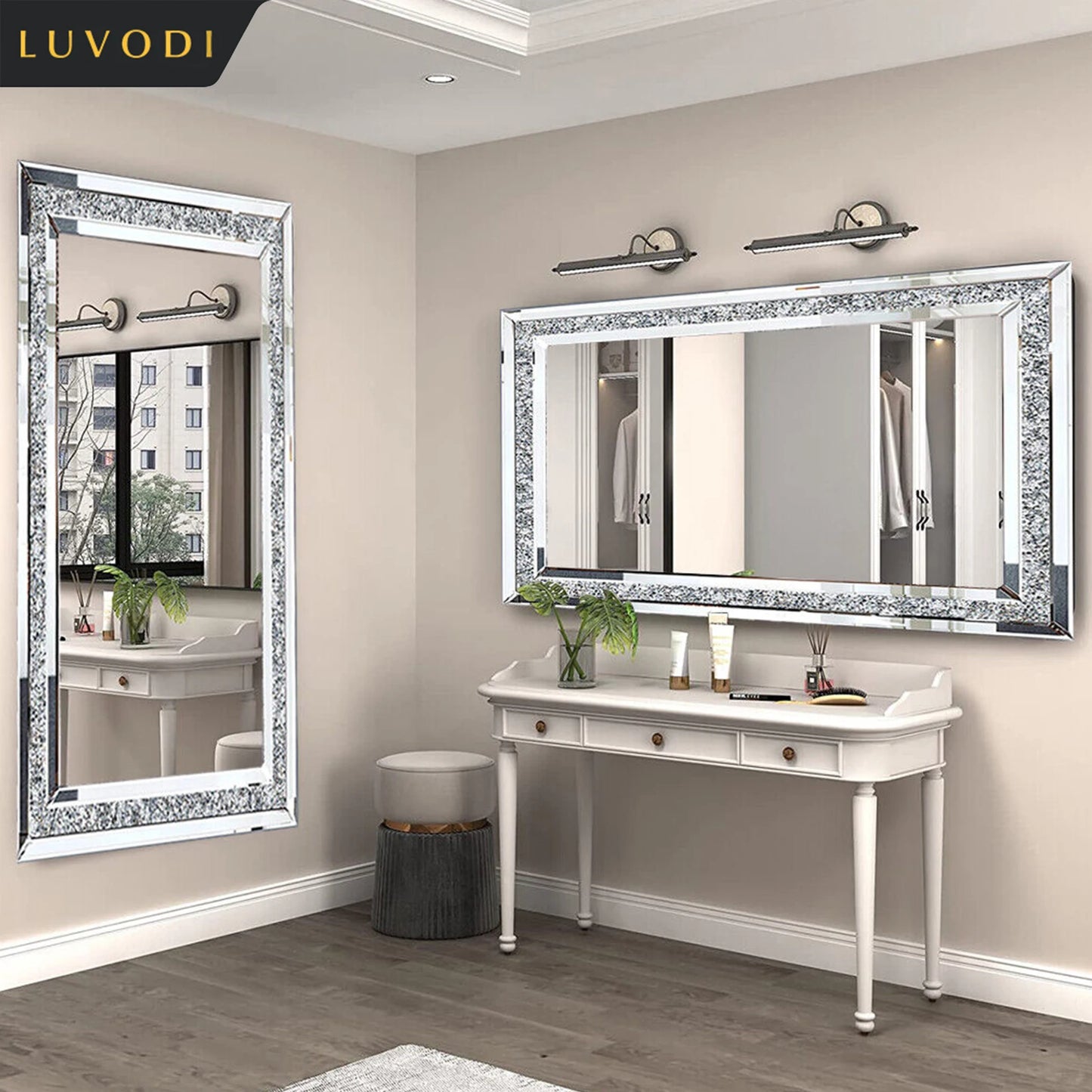 LUVODI Luxury Frameless Silver Crystal Rhinestone Wall Mirror