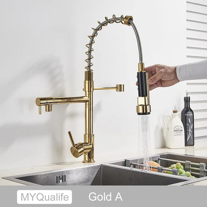 MYQualife Brass Pull Down Kitchen Sink Faucet With Dual Spout