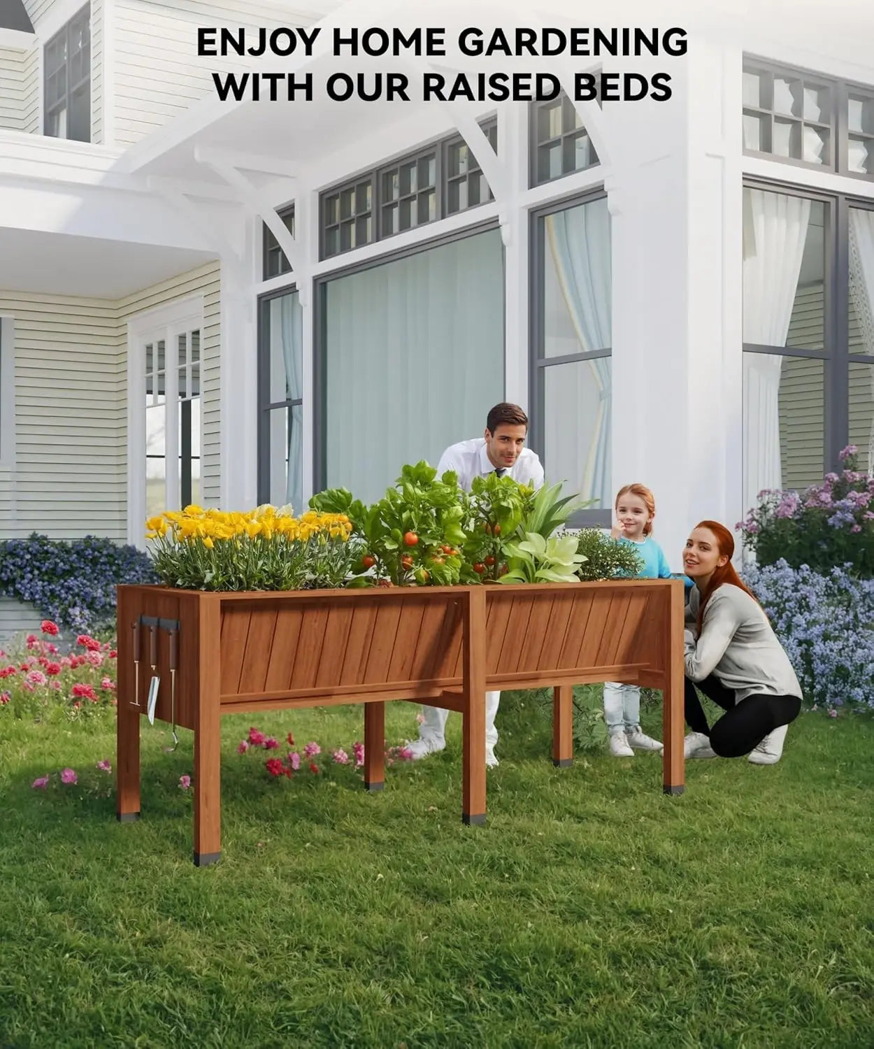 HiMISS Raised Wooden Garden Bed With Tool Hooks Elevated Planter