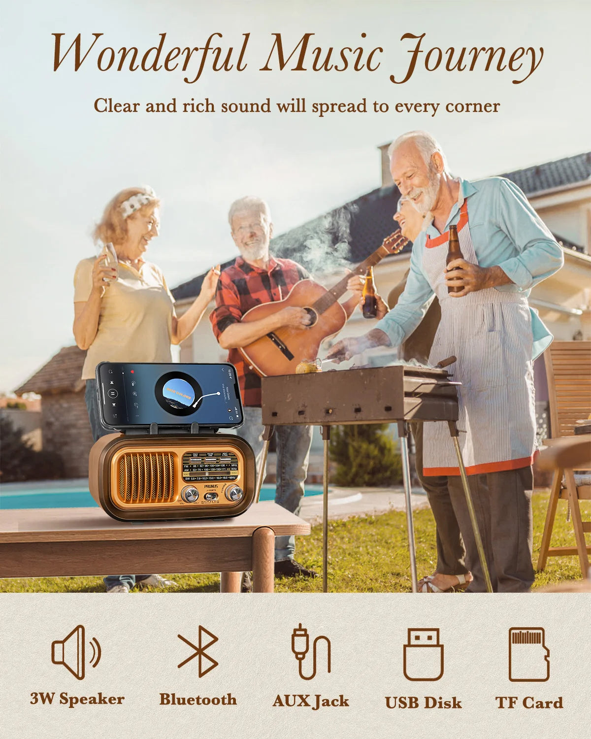PRUNUS J-150 Retro Bluetooth Radio AM FM Solar Battery