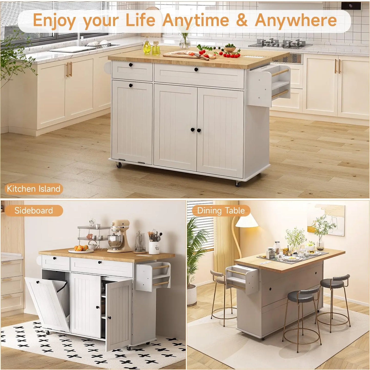 ONBRILL Drop-Leaf Mobile Kitchen Island With Power Outlet