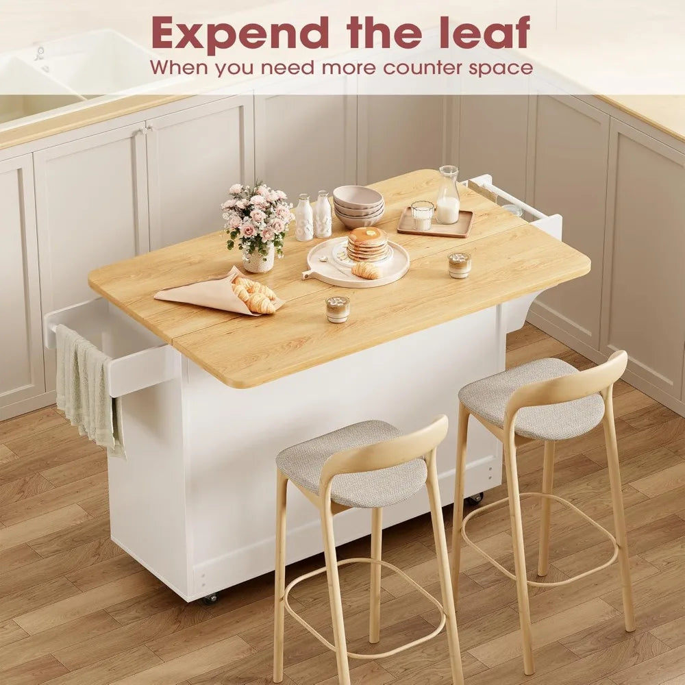 Portable Kitchen Island Cart With Storage, Drop Leaf Table, Wheels