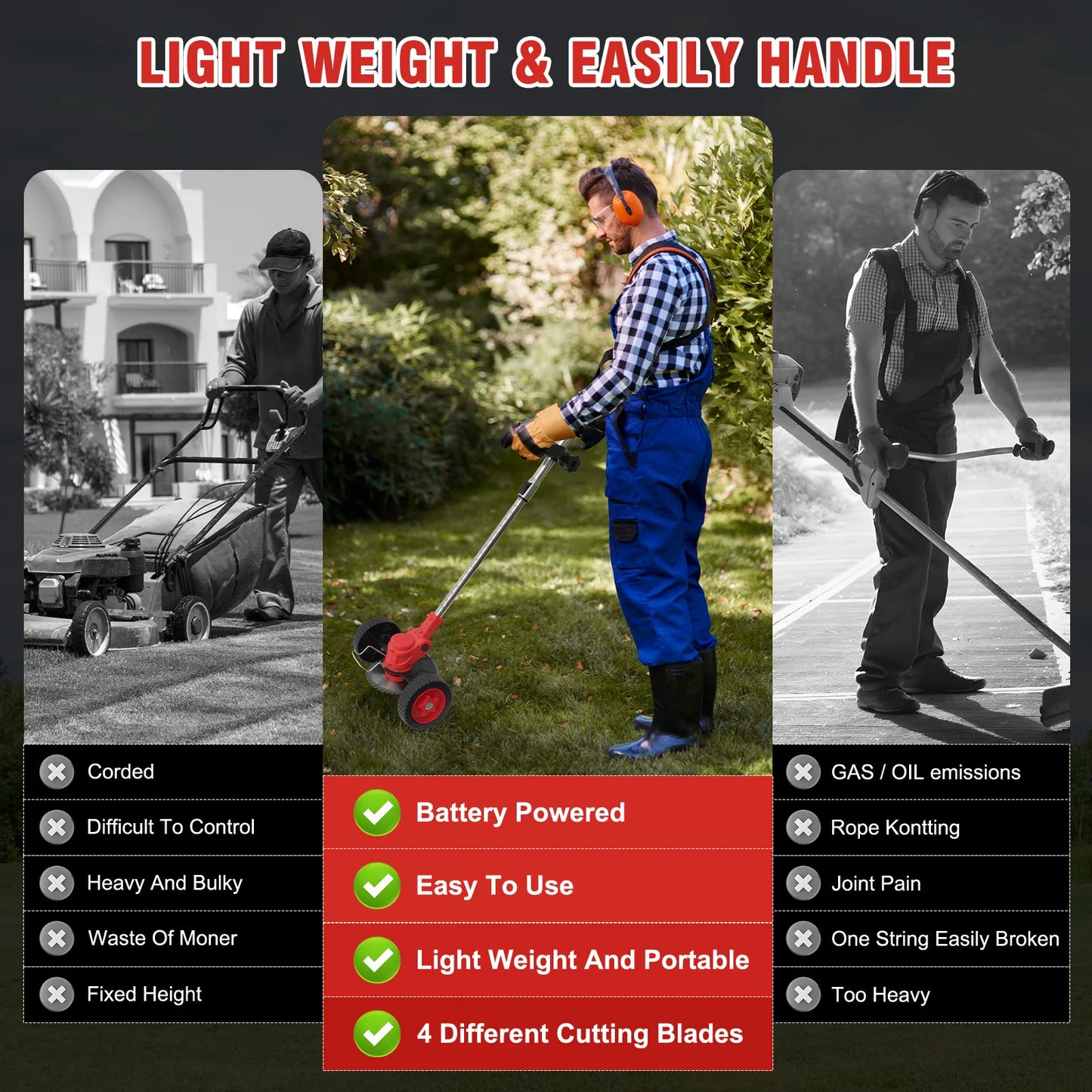 21V Cordless 3-In-1 Lawn Mower Trimmer With Folding Handle