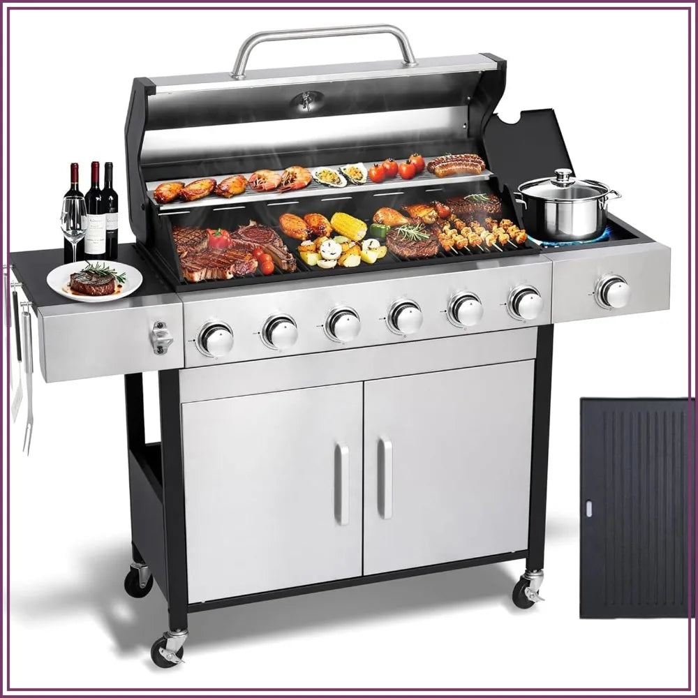 6 Burner Propane Gas Grill With Cast Iron Grates And Side Burner