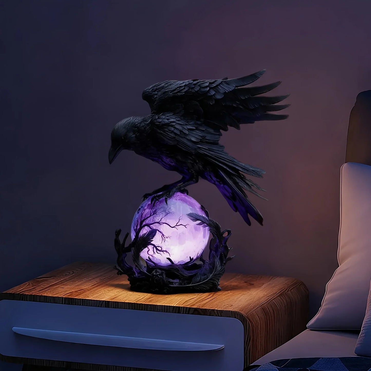 Illuminated Raven Sculpture Outdoor Gothic Lamp With Moonlit Sphere