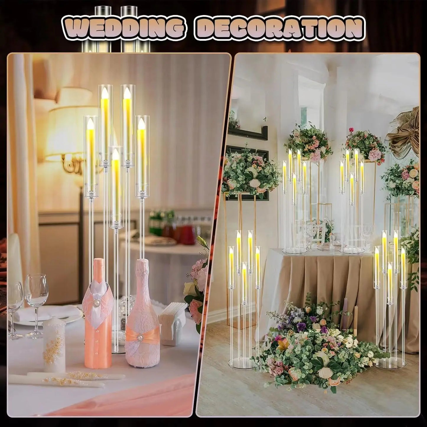 Clear Acrylic 5 Arm Candelabra Centerpieces With LED Candles
