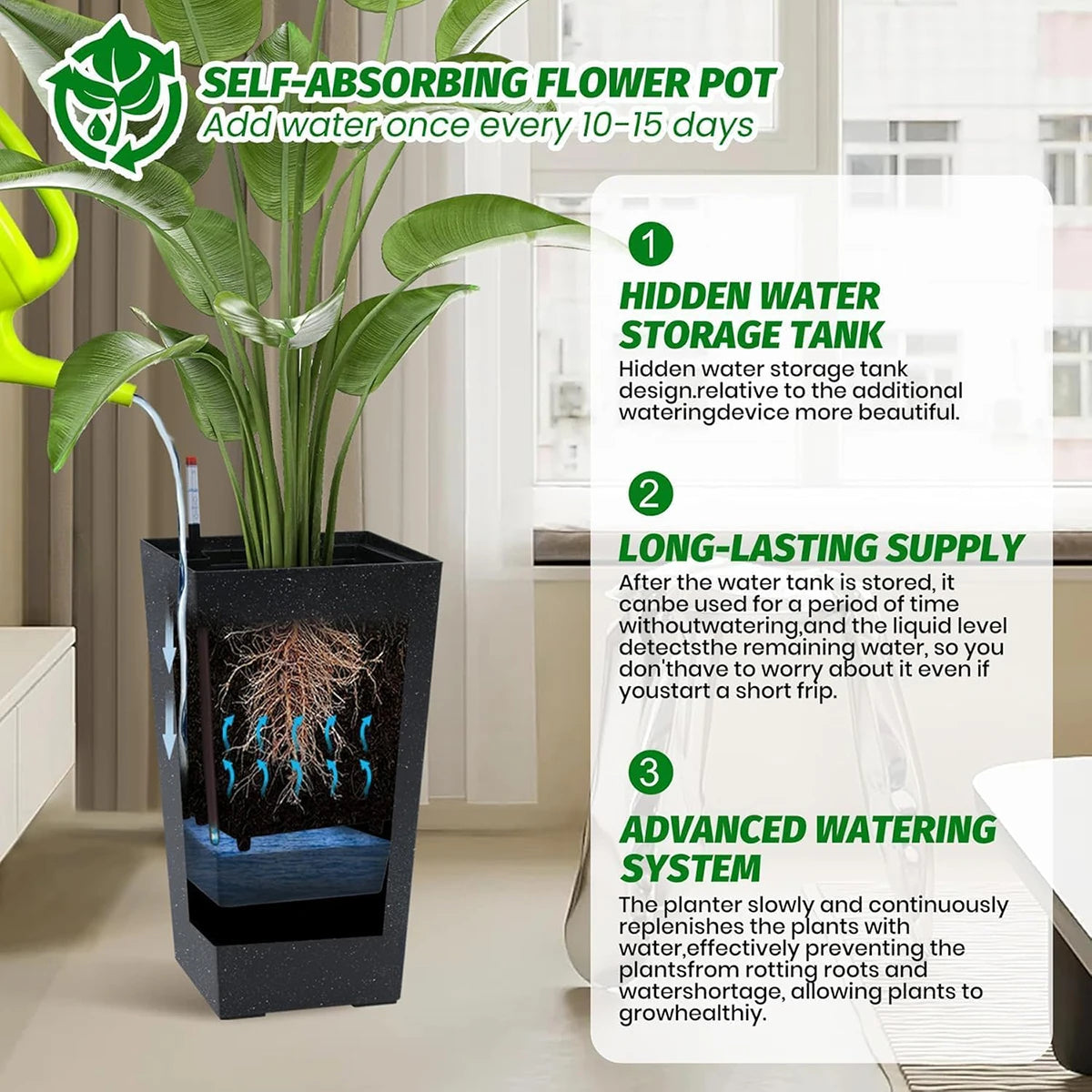 TWISTER.CK Rectangular Planters Set Of 2 With Drainage Holes Water Level Monitor