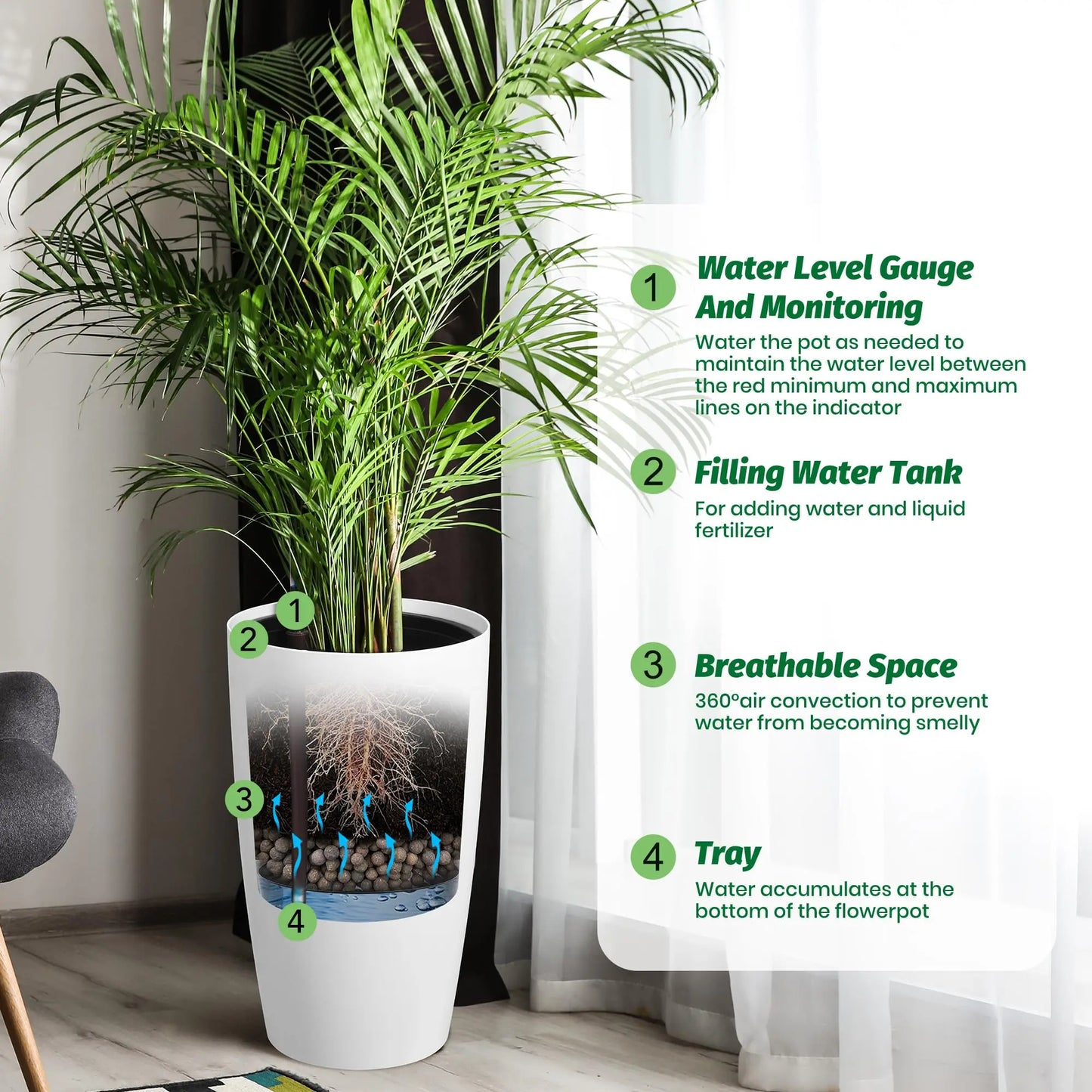 HiMISS Self Watering Planters Set Of 2 With Water Level Indicator Indoor Outdoor