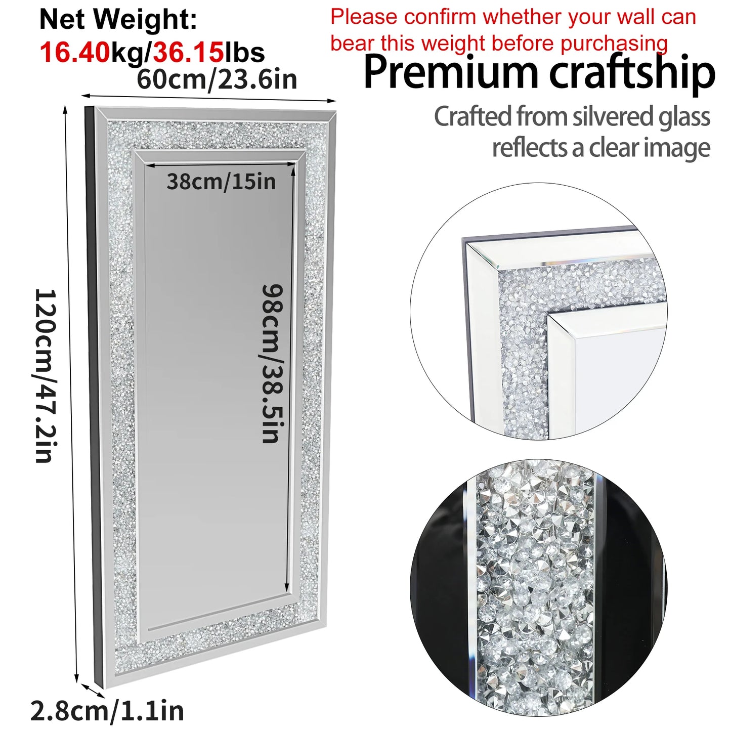 Crystal Crush Diamond Wall Mirror Framed Rectangle For Living Room