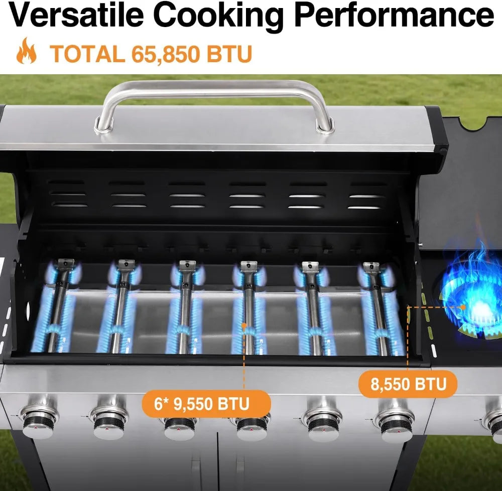 6 Burner Propane Gas Grill With Cast Iron Grates And Side Burner