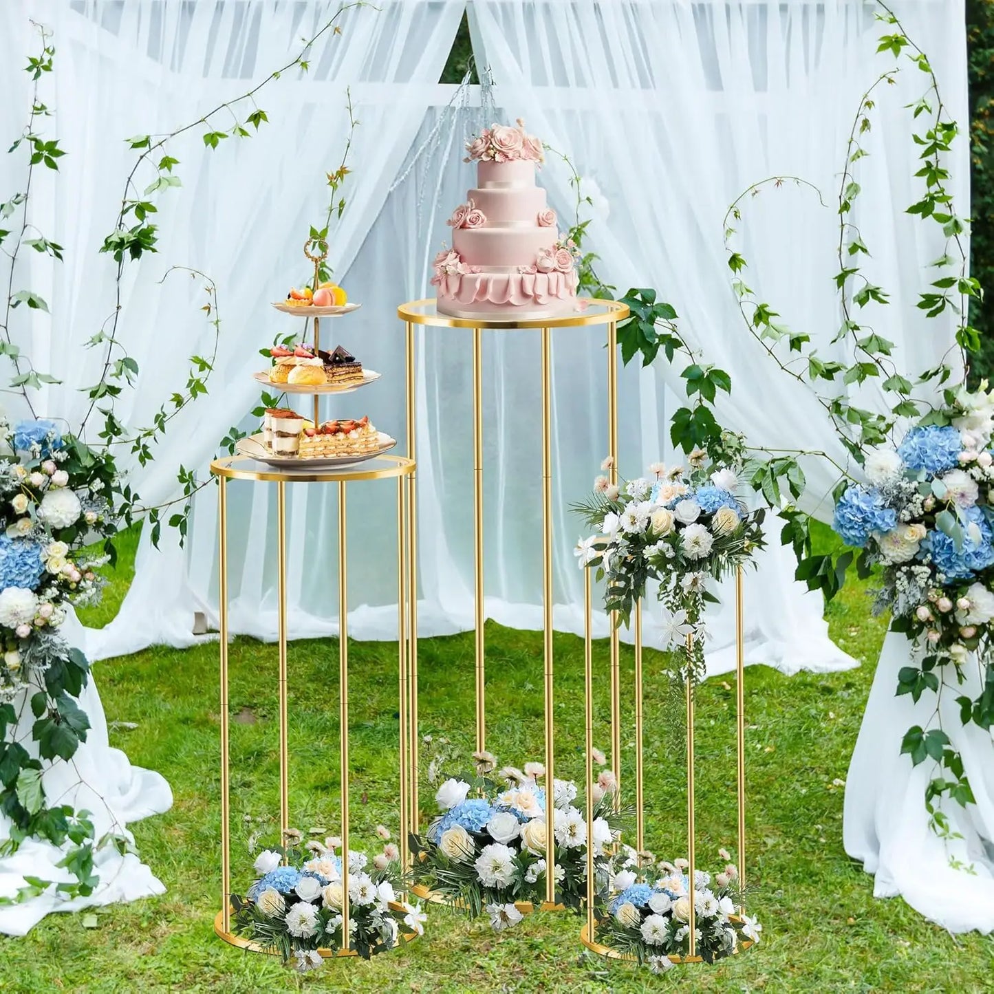 Set Of 3 Metal Cylinder Pedestal Stands For Party Tables