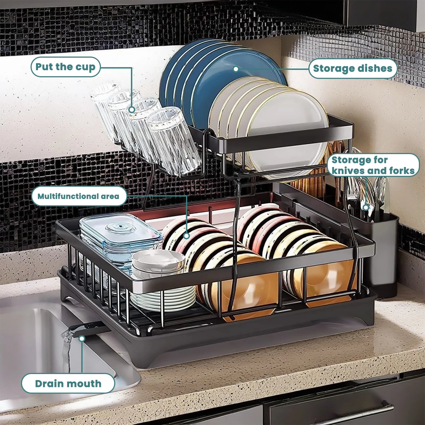 Two Tier Dish Drying Rack For Kitchen Countertops Removable High Capacity